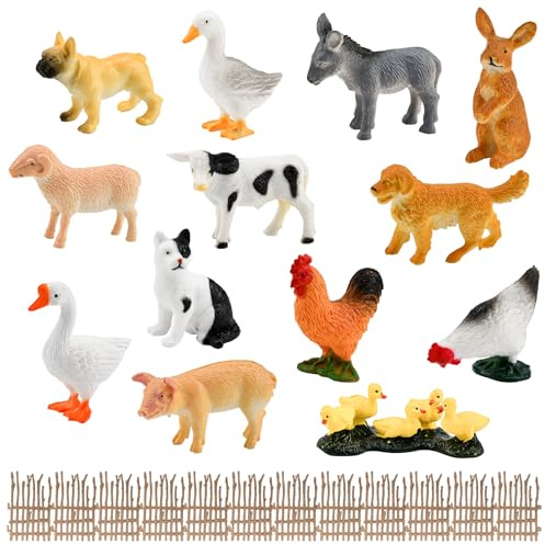 LANSKYLAN 13 Pezzi Set Animali Plastica Giocattolo Set di Mini Animali Fattoria Giocattolo con 12 Recinzione Piccoli Mini Realistico Fattoria Animale Figure per Toppers di Cupcake e Giochi Educativo