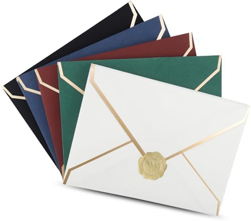 QGGTQG Umschläge 50 Stücke Briefumschläge Bunt Mix 18.5x13.5cm Luxuriöse Einladungumschläge mit V-Klappe und Goldener Bordüre für Hochzeiten, Einladungen, Graduierung, Party