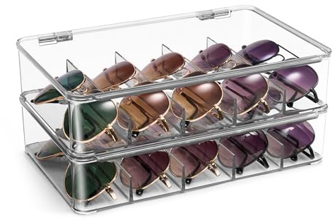 Sorbus Sunglasses Organizer - Plastic Stackable Eyeglass Case Storage Organizer for Multiple Glasses - Reading Glasses, Sunglass Holder with Hinged Lid for Eyewear Display Includes 5 Sections (2 Pack)