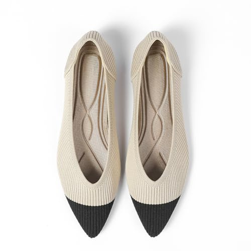 HAPUSS Ballerines Plates habillées à Bout Pointu pour Femme, Crème/Noir, 38.5 EU