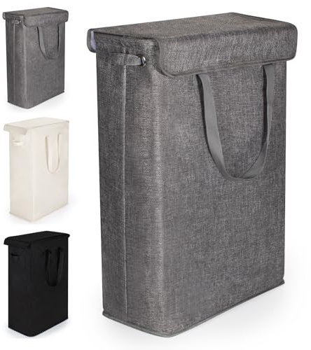 Rieeyrslza Cesto Portabiancheria Sottile con Coperchio 46L Pieghevole Cestino per Biancheria Impermeabile Multiuso Sporca Cesta Portabiancheria, Copertura Rimovibile, per Camera da Letto (Grigio)