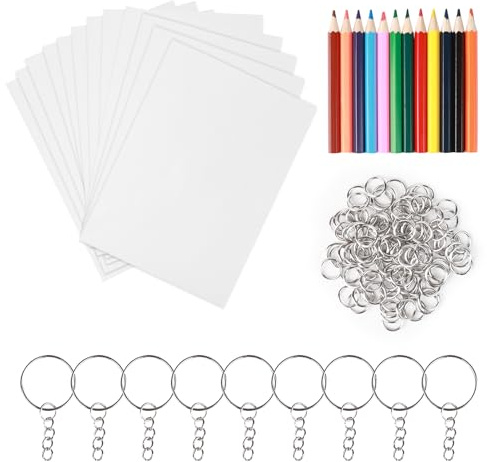 232Pcs Heat Shrink Plastic Sheet Set, 20Pcs Shrinky Art Paper, Creative Shrink Film, Shrinkable Hand Making Sheet with 100 Key Chain 100 Open Ring 12 Coloured Pencil, Shrinkies for Pendant Craft Kids
