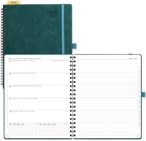 POPRUN Agenda 2025 2026 Semainier et Carnet de Notes D'Août 2025 à Déc 2026 Scolaire 26,5 x 21,5 cm - Couverture Souple à Spirale, Onglets Mensuels, Papier 80g/m², Règle signet, Pétrole Vert