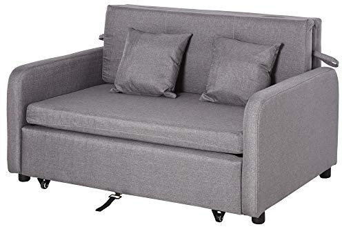 HOMCOM Schlafsofa, Schlafcouch mit Stauraum, Wurfkissen, Armlehne, 2er-Sofa mit Schlaffunktion, Leinenoptik, Gepolstert Couch mit Rollen für Wohnzimmer, Schlafzimmer, Grau