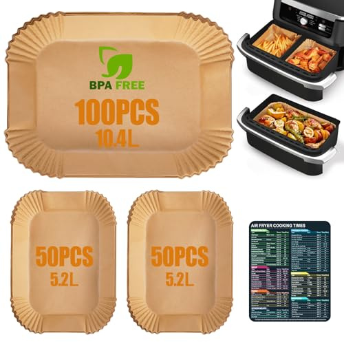 Anhow 200 Pezzi Carta Forno per Friggitrice ad Aria, 31x21cm e 20x16cm, Carta Forno per Cosori Airfryer Twinfry Doppio Zona Airfryer/Cecotec DuoSize 9000/Ninja AF500EU, Food-Grade BPA Free,FDA e LFGB
