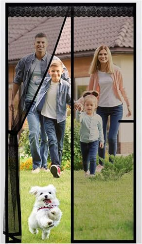 Fiberglass Magnetic Screen Door, Anti Mosquito Mesh Fly Curtain with Full Frame Hook&Loop Easy to Install Fiberglass Mesh Curtain Anti Mosquito (90x220 cm, Black)