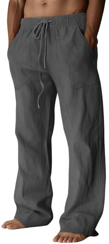 Mens Linen Trousers Casual Loose Fit Elasticated Waist Trousers,DGrey L