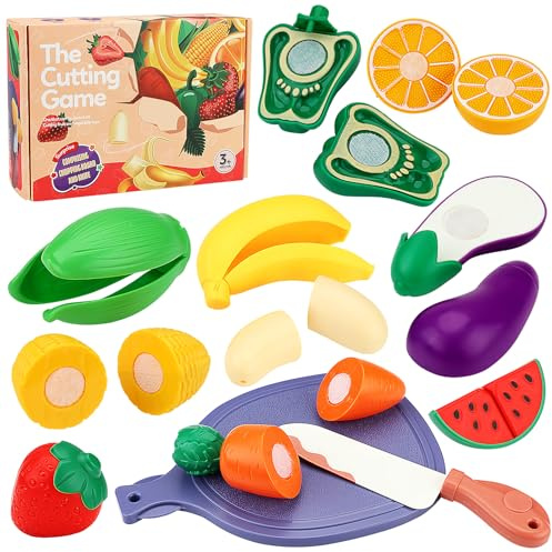 AIQI 26PCS de Fruit et Legumes Jeux Enfant pour Enfants, Cuisine Jeux Accessoire Aliment Nourriture avec Couteaux et Planche à découper, Cadeau éducatif et d'anniversaire pour garçons et Filles