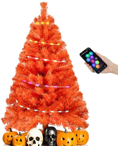 Orange 3ft Halloween Tree with Lights, Christmas 36inch Artificial Small Tree Mini Table Top Decorations, Xmas Desk Tree with 80 Color Lights, 200 Branch, Holiday Decor for Home,Indoor Office Tabletop