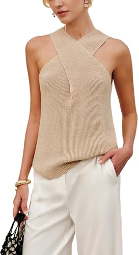 Yeokou Women Halter Cross Over Collar Tank Knit Sleeveless Top Solid Color Casual Summer Blouse(Khaki-S)