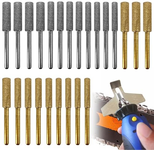 24pcs Diamond Chainsaw Sharpener High Hardness, Chainsaw Sharpening Grinding Chain Burr Stone File Set, 4.0/4.8/5.5mm Chainsaw Chain Sharpener Bits, Titanium-Coated Chain Saw Sharpener Tool