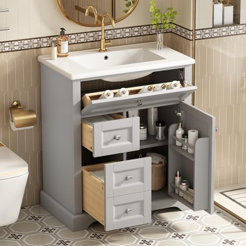 76 x 46 x 87 cm. Armario de baño de pie con lavabo, lavabo, lacado resistente a la humedad, guías de cajones de cierre suave, estantes para puertas, cajón plegable, superficie de almacenamiento