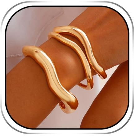 Evlry Lot de 3 bracelets en or pour femme - Bracelets épais irréguliers - Largeur ouverte - Accessoires, taille unique, Métal, Pas de gemme
