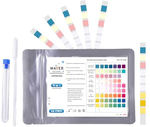 9-in-1 Aquarium Test Strips, 50PCS Fish Tank Water Test Kit for Carbonate Hardness Nitrate Nitrite Free Chlorine Iron Total Alkalinity Ph Copper, for Pools Pond, with Test Tube and Dropper Included