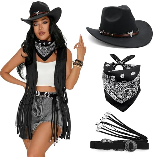 Costumi di Carnevale Costume da hippie da donna da cowgirl western outfit set da 60 anni '70 stile vintage cappello da cowboy sciarpa quadrata per Halloween carnevale Natale feste a tema cosplay