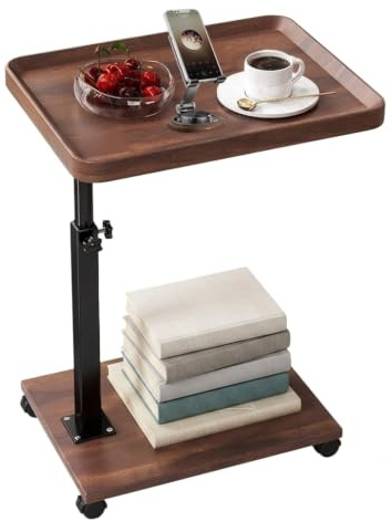 Vyranut Tavolino Laterale Regolabile con Ruote – Altezza 45–80 cm, Design Rotante a 360°, Piano in MDF con Effetto Legno Noce, Struttura in Metallo Resistente, Tavolino Compatto per Divano, Letto, Sog