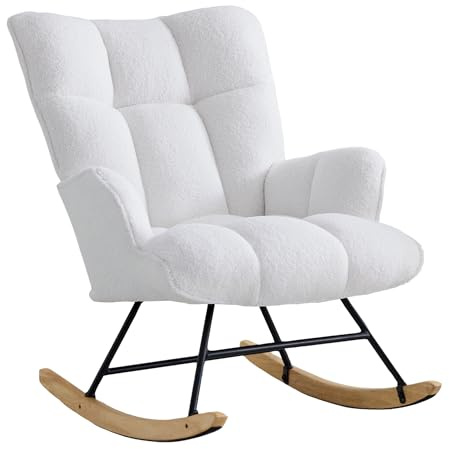 XH.Easy Go Silla Mecedora Teddy Lactancia & Relax, Tela Peluche Acolchada, Estructura de Acero, Patas de Madera de Caucho, para Salón, Dormitorio y Habitación de Bebé(Blanco Teddy)