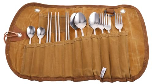 Veemoon Ensemble de Couverts de Camping Portable avec Pochette Pliable, 4 Pièces en Acier Inoxydable, Rangement Organisé pour Pique-niques et Randonnée en Plein Air, Ustensiles Légers