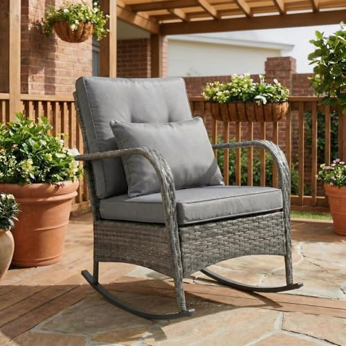 CuteHairy Outdoor Wicker Rocking Chair with Cushions & Pillows – Weather-Resistant 1-Piece Patio Bistro Chair for Porch, Balcony, Decking & Conservatory – Grey/Beige