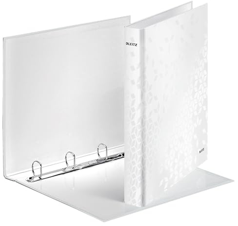 Leitz 42420001 - Carpeta De Anillas Plastificada WOW A4 Con Mecanismo De 4 Anillas En D, Capacidad 230 Hojas, Lomo De 40 Mm, Textura Geométrica Brillante, Certificado FSC®, Color Blanco