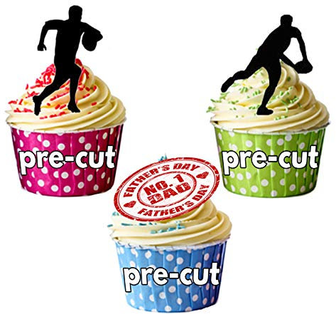 AK Giftshop PRE-CUT Father's Day Rugby Cake Decorations - Edible Stand-up Cup Cake Toppers (pack of 12)