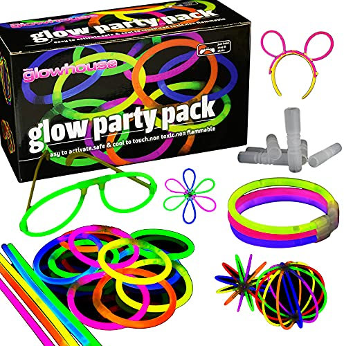 The Glowhouse UK - Premium-Leuchtstäbe - 228-teiliges Partyset mit 100 Leuchtstäben für leuchtende Stäbe, Armbänder, Ketten, Brillen, dreireihige Armbänder, Hasenohren, Bälle, Blumen und viel mehr