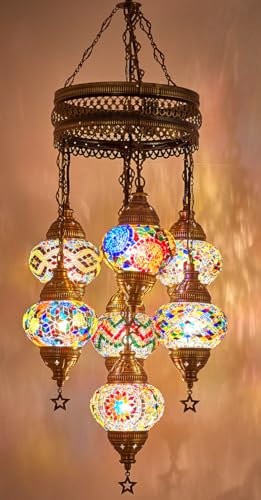 DEMMEX Lámpara de Techo Turca en Mosaico Personalizable – Lámpara Colgante Artesanal con 7 Globos, Hecha a Mano, Estilo Boho-Chic, Instalación Hardwired, Altura 95 cm