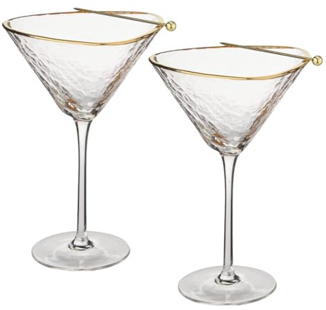 Sisterly Drinkware Clear Hammered Martini Glasses Set of 2 – Handmade Gold Rim Cocktail Glasses with 2 Gold-Plated Picks & 2 Coasters – 8 oz Elegant Barware for Martinis, Cocktails & Mocktails