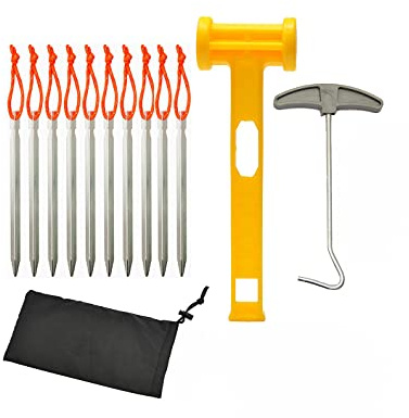 Tiardey 10 st aluminium lätt tält insatsuppsättning, campingtält taggar tillbehör kit, tält stakes, plasthammare, nageldragare med ficka för enkel camping – silver