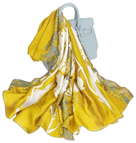 LumiSyne Sciarpa Di Seta Da Donna Fiore Stampato Rose Foulard Lungo Stole Morbida Scialle Protezione Solare Dolce Ed Elegante Stile Per Matrimoni Quattro Stagioni (Floreale Giallo)