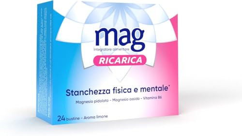 Mag Ricarica – Integratori per Adulti con Magnesio Pidolato, magnesio ossido, Vitamina B6, per Stanchezza Fisica e Mentale - Senza Glutine, Senza Lattosio (24 Bustine Aroma Limone)