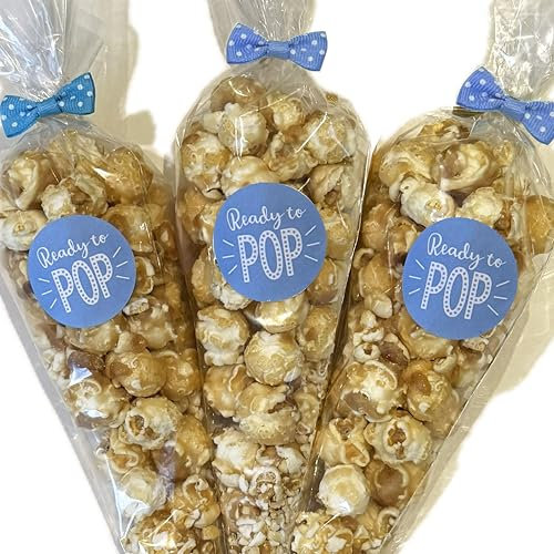 Baby Shower Favours - Ready to Pop - Popcorn Favour Bags - favour bags stickers and pre-tied bows (Blue)