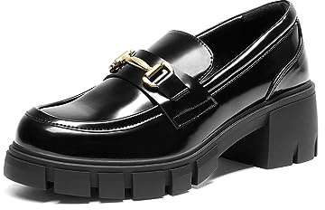 DREAM PAIRS Mocasines para Mujeres Plataforma Mocasines Gruesos Slip On Zapatos Casual,Size 38,Pat Negro,SDLS2321W