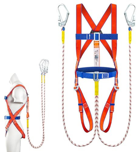 FIYSON Kit de protection anti-chute avec harnais, 5 points de sécurité Protection, Avec 2 points de connexion + 2m sangle Lanyard + Double grands crochet, pour le Travail Aérien, Escalade, Sauvetage