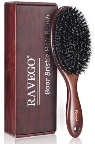 RAVEGO Spazzola per capelli, setole di cinghiale, spazzola per districare e styling, setole naturali per capelli sottili e sottili, setole rigide (Setole di cinghiale)
