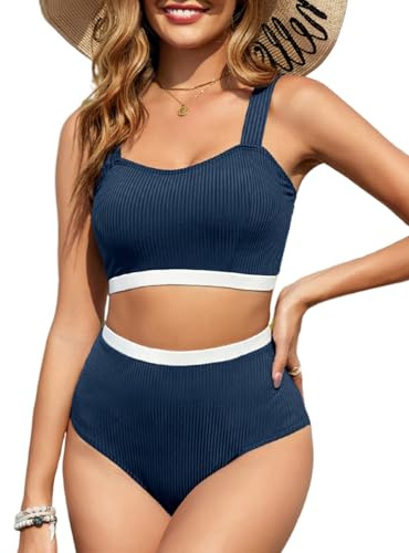 Tuopuda Maillot de Bain Gainant Ventre Plat Deux Pièces Ensembles Bikini Set 2 Pieces Couleurs Unies Haut de Maillot de Bain avec Culotte Grande Taille Swimsuit, Marine + Blanc, M
