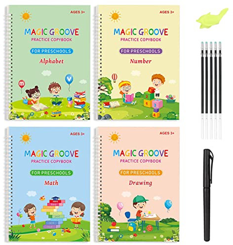 YHNDECO Magisches Heft, 4 Stück Magisches Übungsheft Wiederverwendbares Übungsbuch + 5 Nachfüllungen + 1 Stifthalter, für Kalligraphie Zahlen Zeichnung Buchstaben Schreiben