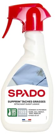 SPADO - Supprim'taches grasses - Détachant avant lavage - Désincruste en profondeur - Efficace dès 30° - 500ML - Fabrication française