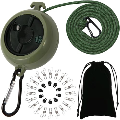 ZONSUSE Stendibiancheria Estensibile,Filo Stendibiancheria per Esterno,10m Filo Retrattile Antigroviglio,10 Fibbie di Fissaggio 20 Clip Antivento,Per Balcone Campeggio Viaggio Accessori (Verde-A)