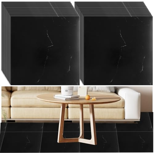 CYEER 20 PCS Black Vinyl Floor Tiles Self Adhesive, 30x30cm Marble Self Adhesive Flooring Tiles, Kitchen Bathroom Floor Tiles Heavy Duty for Flooring Home Commercial Apartment