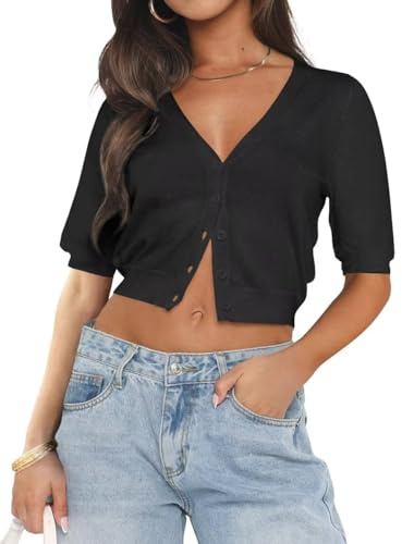 LACOZY Short Sleeve Lightweight Summer Cardigan for Women Button Down Open Front V Neck Crochet Knit Cropped Bolero Shrugs Black L