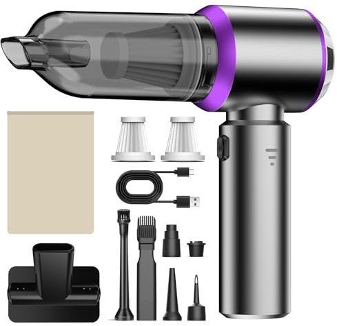 Aspiradora de mano, 20000Pa Mini Aspirador sin Cable Coche 4 en 1 Automática 6000mAh Ajuste de 3 Velocidades Motor sin Escobillas para Auto/Vocina/Oficina/Hogar/Pelo de Mascotas/Sofá/Teclados, Violeta