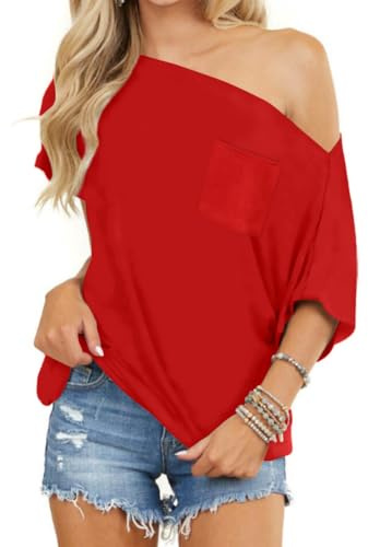 LACOZY Short Sleeve Casual Batwing Shirts Women's Y2K Top Workout Boat Neck Oversized Top Spring Off Shoulder Tops Red L