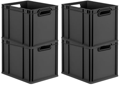PROREGAL SuperSparSet 4x Eurobox NextGen Color | HxBxT 32x30x40cm | 30 Liter | Griffe schwarz offen | Glatter Boden | Schwarz | Eurobehälter, Transportbox, Transportbehälter, Stapelbehälter