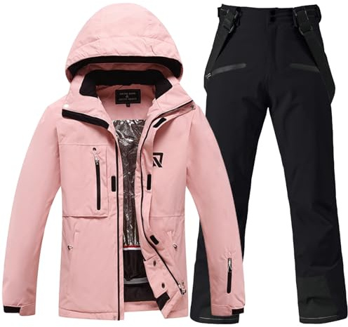 HOUZONIY Tuta da neve da donna, set giacca da sci e pantaloni da sci, tuta da neve impermeabile calda con cappuccio rimovibile per sciare e fare snowboard, L