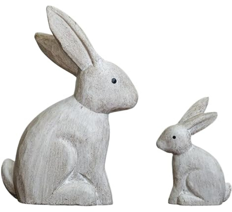 2 figuras decorativas de conejitos de Pascua, estatua de conejos de madera para exhibición de estante de mesa y ambientes festivos, regalo de primavera para decoración del hogar