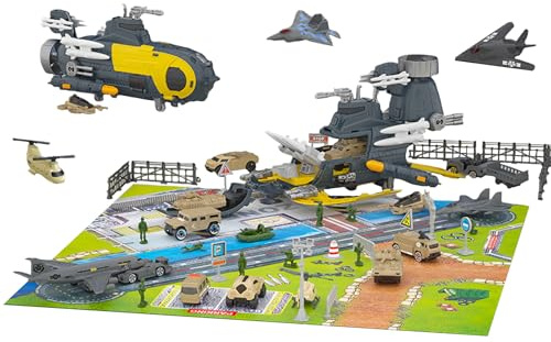 Modèle de sous-Marin Militaire,Jouet Militaire Marine,Contient 18 Types de Transport avec Panneaux de Signalisation et Tapis de Jeu,Jouet Avion,Ensemble de Jouets Porte-Avions pour Enfants 3+