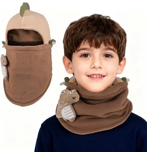 QKURT 1-pack 1-pack dinosaurieformad vinterbalaclava för barn, vindtät, termisk stickad vinterhalsduk, vinterbalaclava för pojkar och flickor i åldrarna 3–8 år, Brun, 3-8 anni