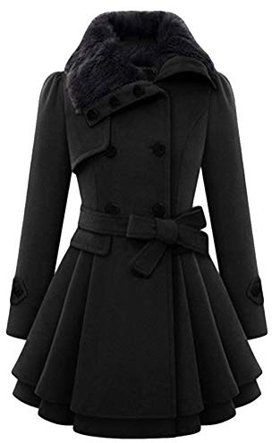 EFOFEI Women Coat Double Breasted Faux Wool Blend Belt Trench Elegant Button Lapel Plain Outerwear BLK S