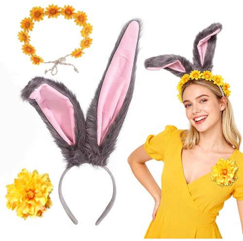 RAOPNHS Costume de carnaval pour femme - Oreilles de lapin - 3 pièces - Avec couronne de fleurs et serre-tête de fleur - Pour costume de carnaval femme - Pâques - Carnaval - Fête - Cosplay